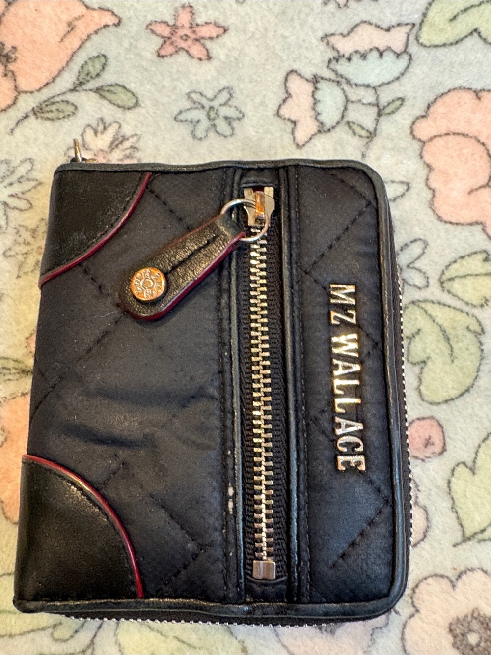 MZ Wallace Black Quilted Zip-Around Wallet with Red Trim and Gold Hardware